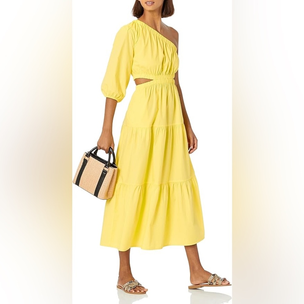 Hot Trend One-Shoulder Yellow Summer Midi Dress with Cutout-100% Cotton-Size M